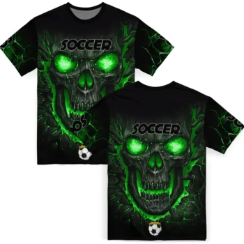 ELM Fashion V1 37 soccer with crown 3d tshirt fiery skull green black fashion forward